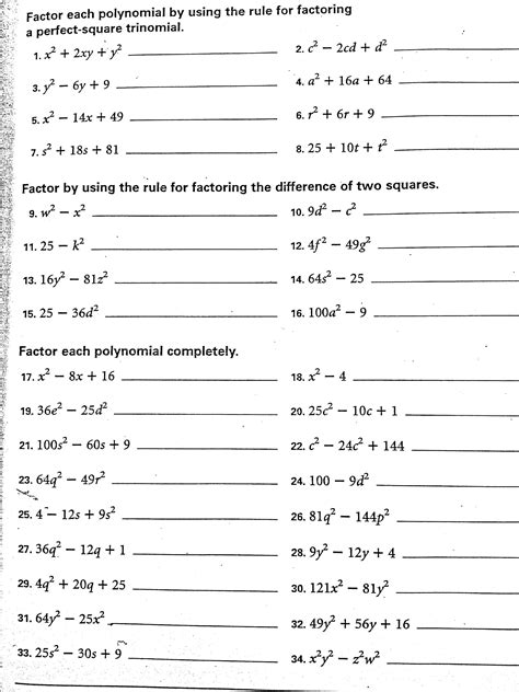 factoring difference of squares worksheet answer key